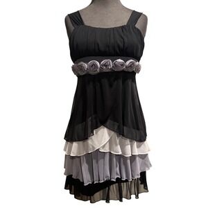 Speechless Black Grey Tiered Ruffle Rosette Empire Waist Cocktail Dress Y2K
